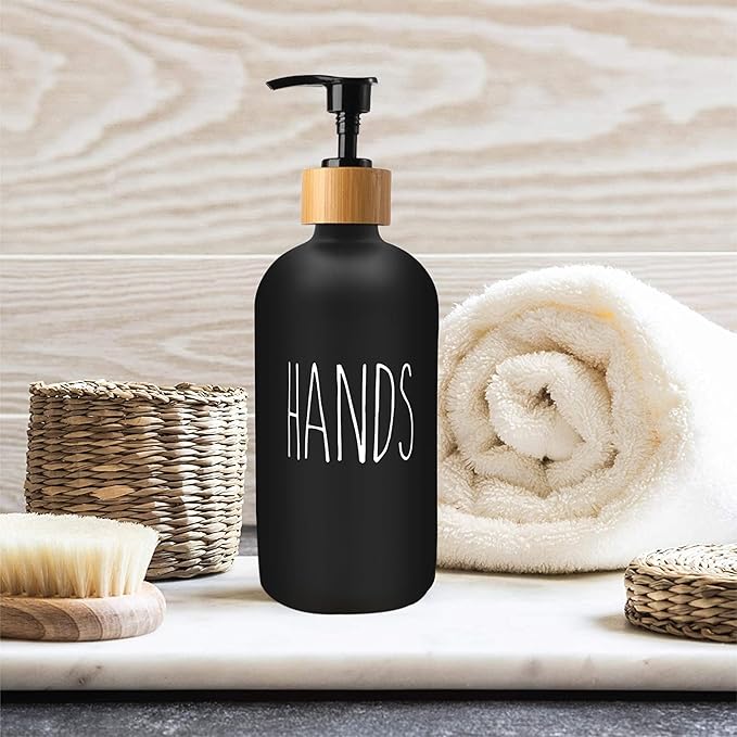Sunrise Premium 16 OZ Thick Black Glass Soap Dispenser, Bamboo Pump - Image 5