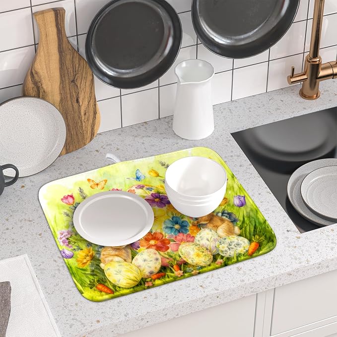 Easter Dish Drying Mat for Kitchen Counter Spring Bunny Microfiber Countertop - Image 6