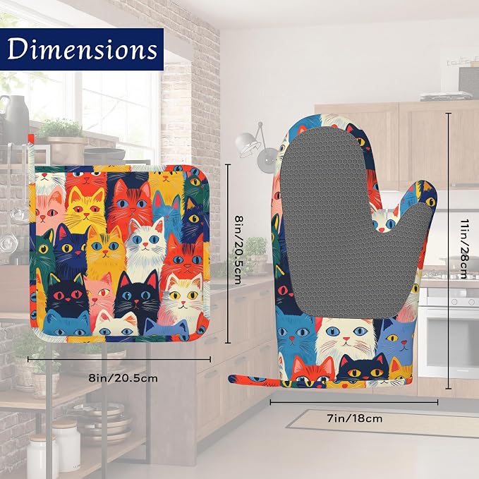 Colourful Cats Oven Mitts and Pot Holders Sets of 4 Cute Animal Heat Resistant - Image 2