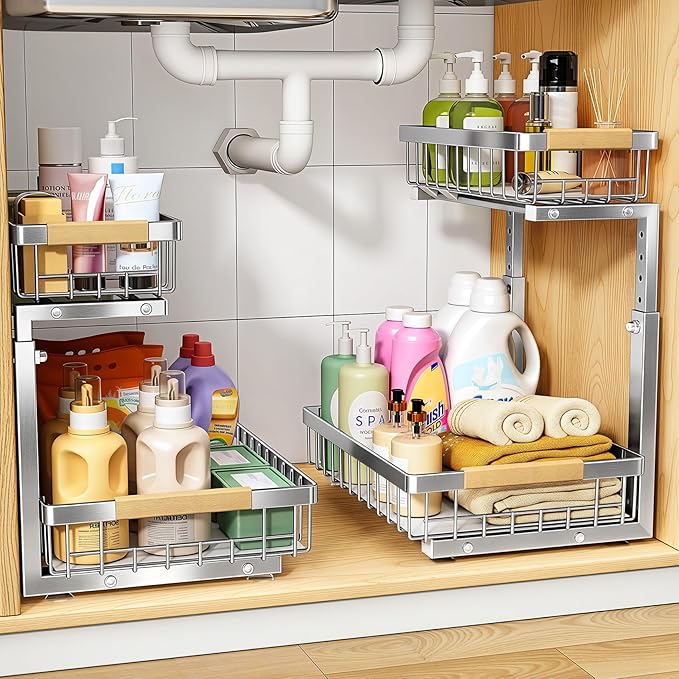 PXRACK Under Sink Organizer, Adjustable Height, 2 Tier Pull Out Cabinet by PXRACK