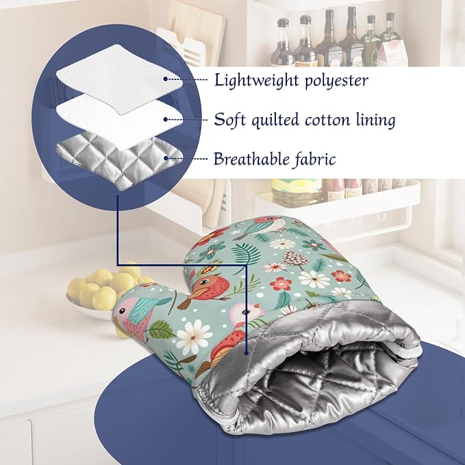 Birds Floral Potholders & Oven Mitts Sets Colourful Flowers Silicone Heat - Image 5