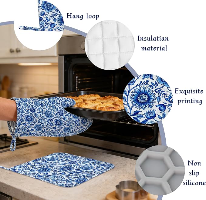 Oven Mitts and Pot Holders Sets Blue White Floral Silicone Kitchen Mits - Image 4