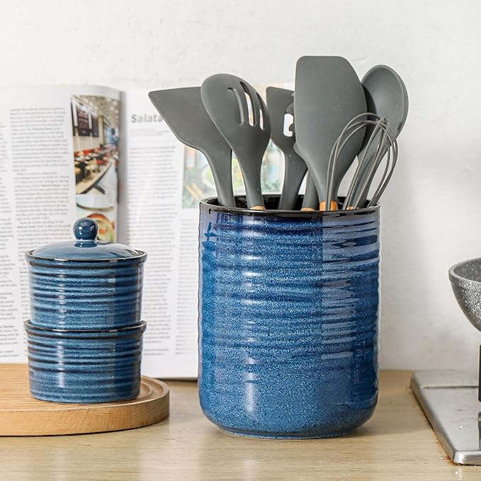 HASENSE Ceramic Kitchen Utensil Holder, 7.4" x 6.2" Large Countertop Utensil - Image 7