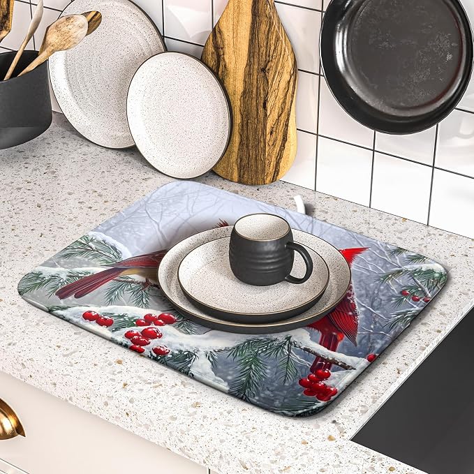 Christmas Bird Dish Drying Mat for Kitchen Counter 16 x 18 Inches Red Winter - Image 4