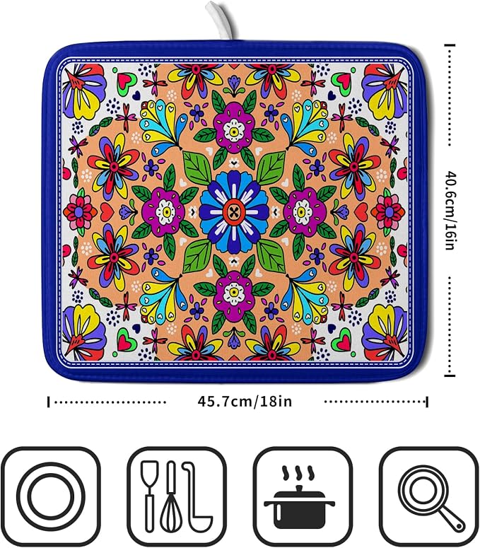 Mexican Talavera Dish Drying Mat Navy Blue Microfiber Dish Drain Pad - Image 2