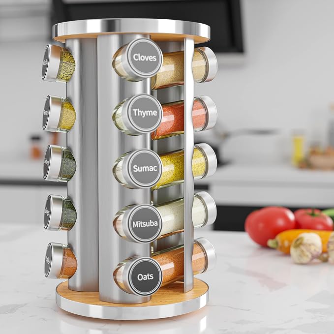 Revolving Spice Rack Set with 20 Spice Jars, Kitchen Spice Tower Organizer - Image 6