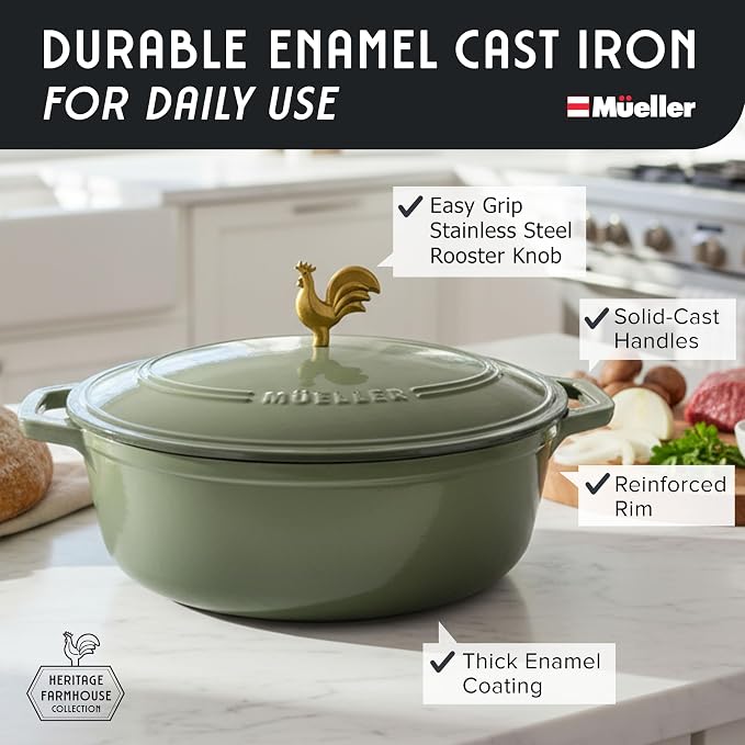 MUELLER HOME 5.5 Quart Enameled Cast Iron Oval Dutch Oven w Rooster Knob & - Image 2