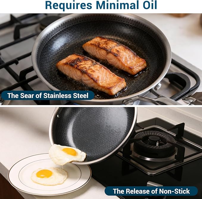 8 Inch Tri-Ply Stainless Steel Hybrid Frying Pan, Ceramic Nonstick Skillet - Image 4