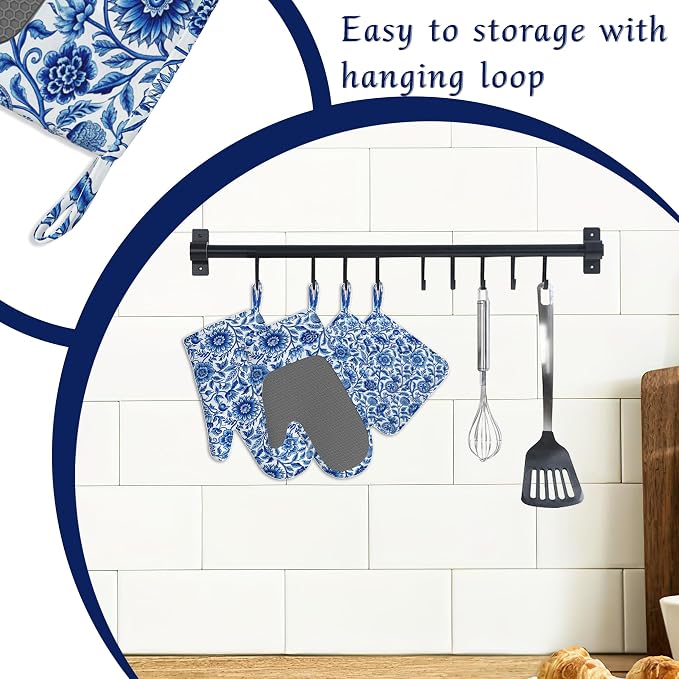 Oven Mitts and Pot Holders Sets Blue White Floral Silicone Kitchen Mits - Image 3