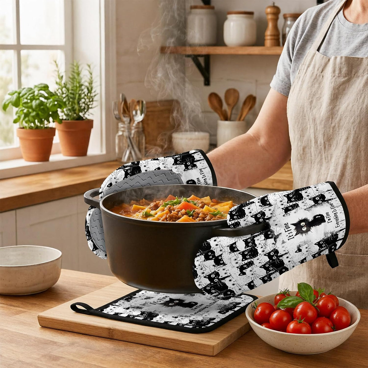 Black Cat Oven Mitts and Pot Holders Sets 3PCS, Cat Silicone Heat