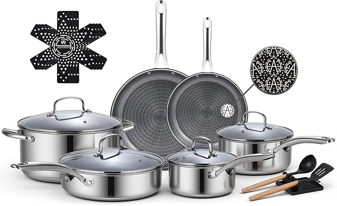 Ammeloo 17 Pcs Nonstick Stainless Steel Cookware Set, Hybrid Stainless Steel by Unknown