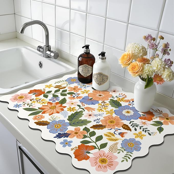 LOKHOM Scalloped Floral Dish Drying Mat, Cuttable Hide Stain Non-slip Drying Mat - Image 9