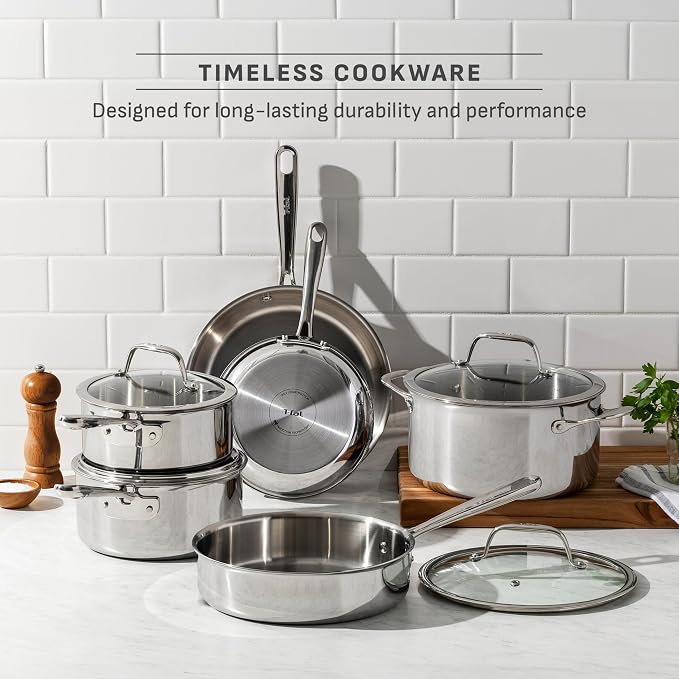 T-fal Pro Tri-Ply Stainless Steel Cookware Set, 10 Piece-Induction Compatible - Image 4