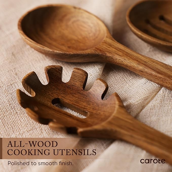 CAROTE Wooden Kitchen Utensils Set, Acacia Wood 8pcs Cooking Utensil Set - Image 2
