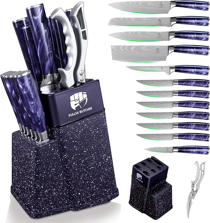 FULLHI 14pcs Block Knife Set, Chef's Knife Steak Knives Set by ExpertForPortableAndButcherKnifeSet