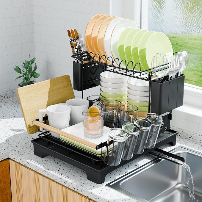2-Tier Dish Rack with Drainboard: Large Capacity Anti-Rust Kitchen Counter by Unknown