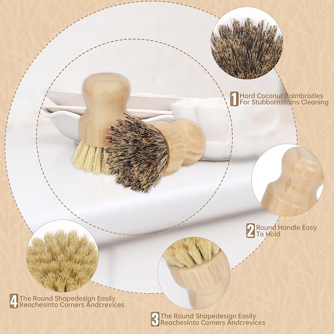 DEBETOOL 2-Pack Bamboo Dish Brush – Natural Dish Scrub Brush - Image 6