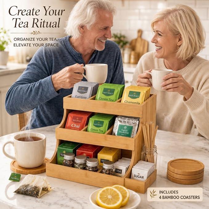Tea bag organizer with 3-tier storage & 4 matching coasters. Fully assembled. - Image 5
