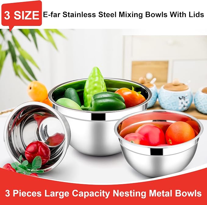 E-far Mixing Bowls with Lids, 6-Piece Stainless Steel Salad Bowls Metal Nesting - Image 3
