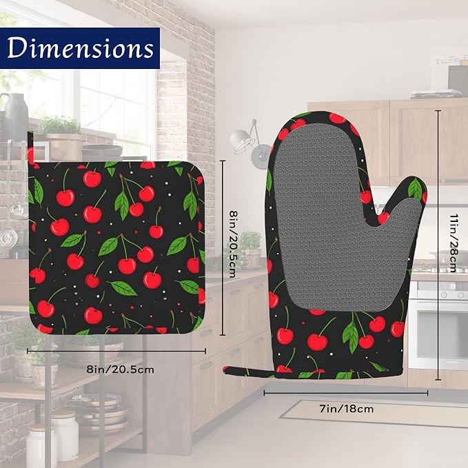 Oven Mitts and Pot Holders Sets Red Black Cherry Silicone Kitchen Mits - Image 2