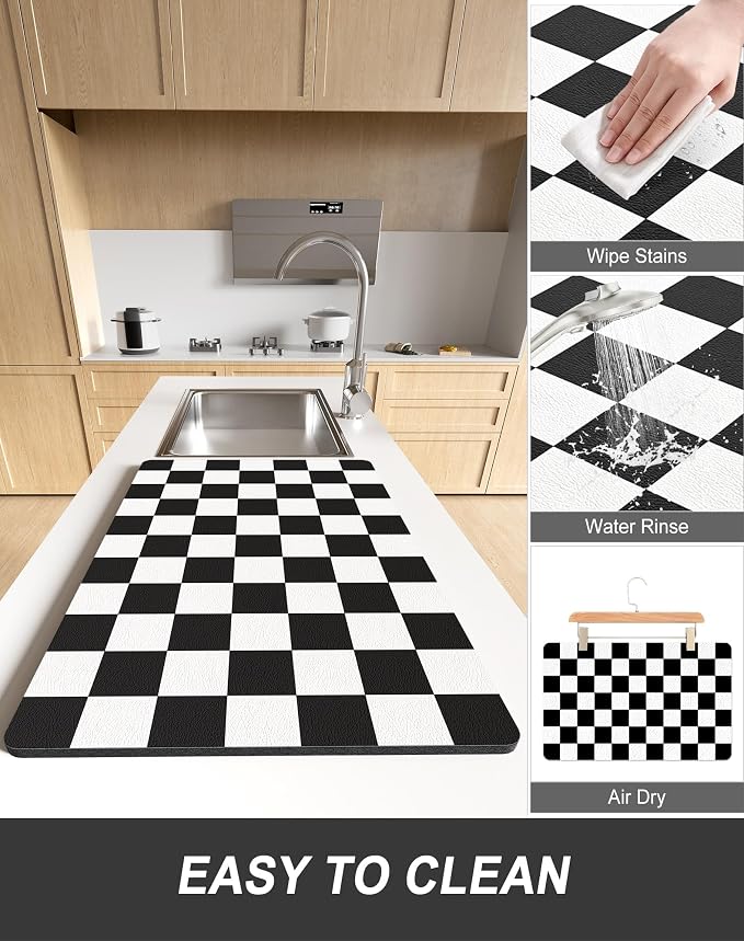 Rnivvi Dish Drying Mat for Kitchen Counter, 12 x 19" Cute Checkered Absorbent - Image 6