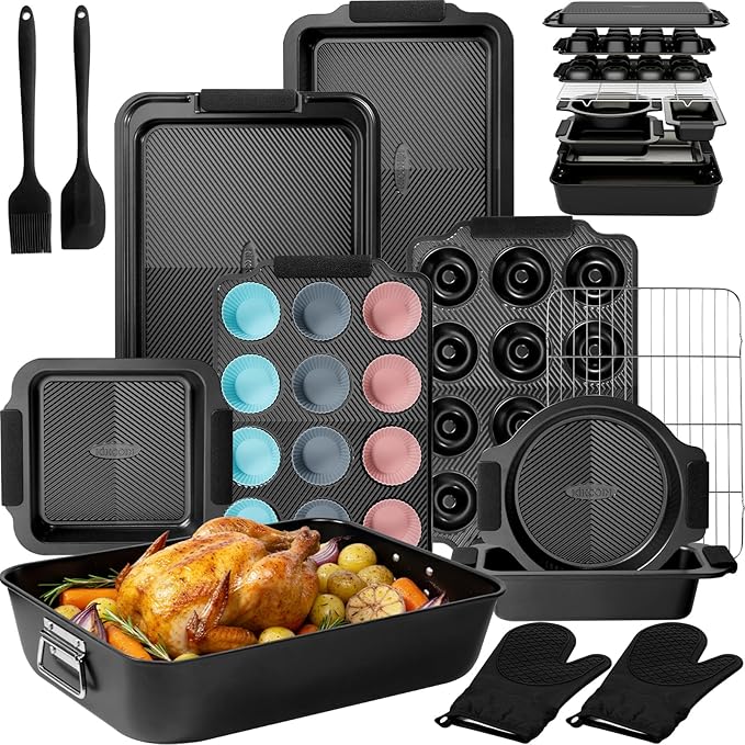 Kikcoin 25 PCS Stackable Baking Pans Set, Non-stick Bakeware Sets by Kikcoin