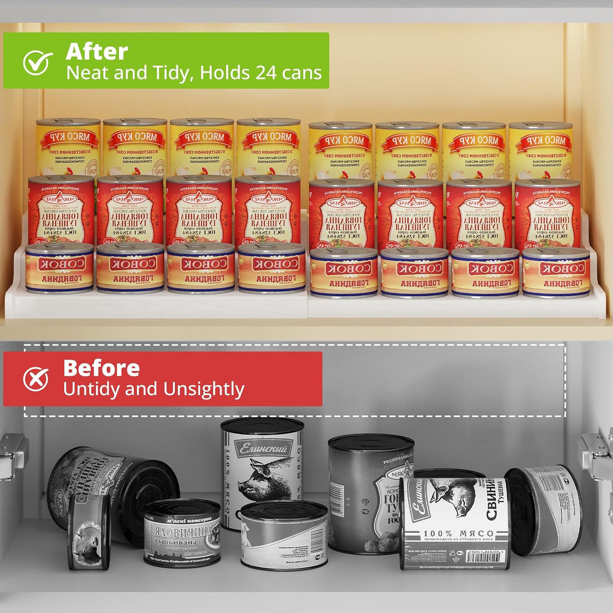 3-Tier Expandable Bamboo Can Organizer for Pantry, Holds 24 Cans