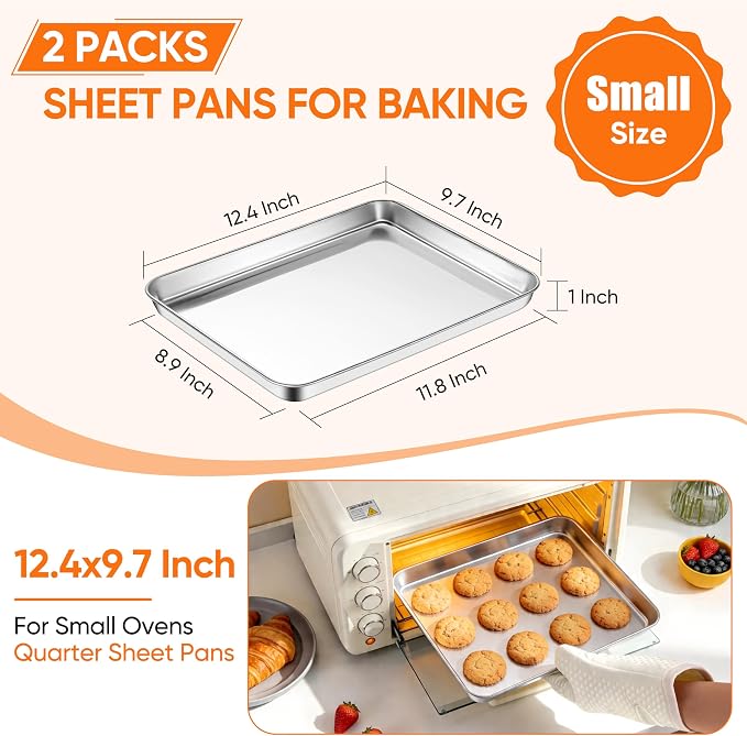 LIANYU Stainless Steel Baking Sheet Pans of 2, 12.4x9.7 Inch Quarter Sheet Pan - Image 2