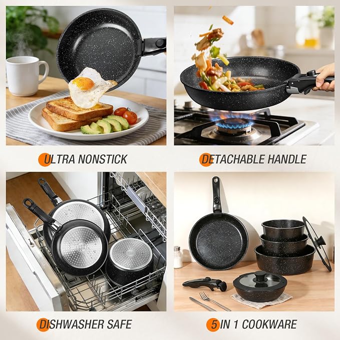 pots and Pans Set, Nonstick Cookware Set Detachable Handle, Induction Kitchen - Image 4
