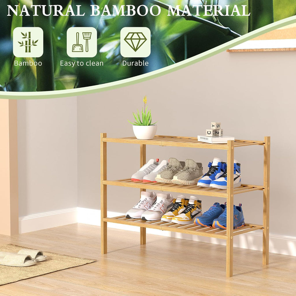 ROMGUAR CRAFT 3 Tier Bamboo Shoe Rack for Closet Free Standing Wood