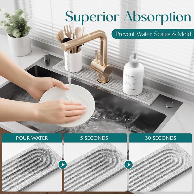 Stone Kitchen Sink Faucet Mat, Premium Upgraded Diatomite Drying Stone Mat & - Image 5