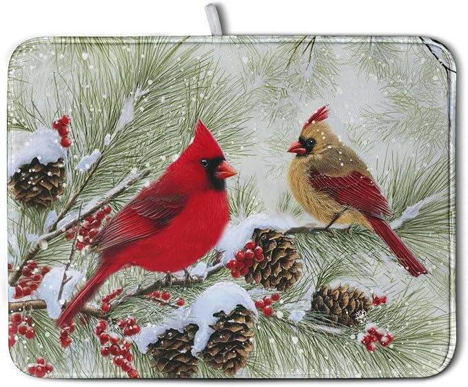 Winter Dish Drying Mat for Kitchen Counter 18x24 Inch Christmas Red Birds by Kwlegh
