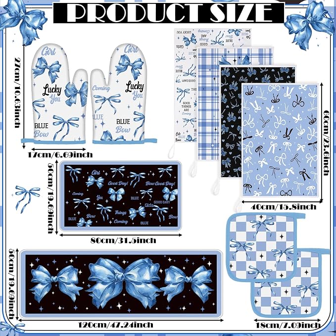 Fourluoo 10 Pcs Blue Bow Kitchen Decor Set Dish Towels Kitchen Rugs Oven Mitts - Image 3