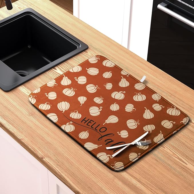 Hello Fall Drying Mat for Kitchen Counter Autumn Orange Pumpkin Dry Dish Mat - Image 6