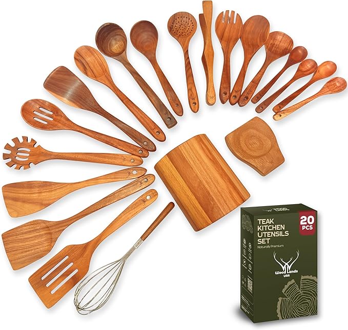 20 Pcs Teak Wooden Utensil Set – Premium Cooking Utensils Set, Natural Wooden by WOODLANDSUSA