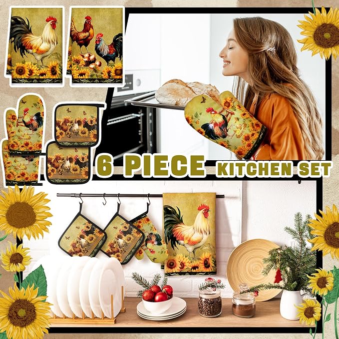 Leinuosen 6 Sunflower Rooster Farmhouse Kitchen Decor Dish Towels Oven Mitts - Image 4