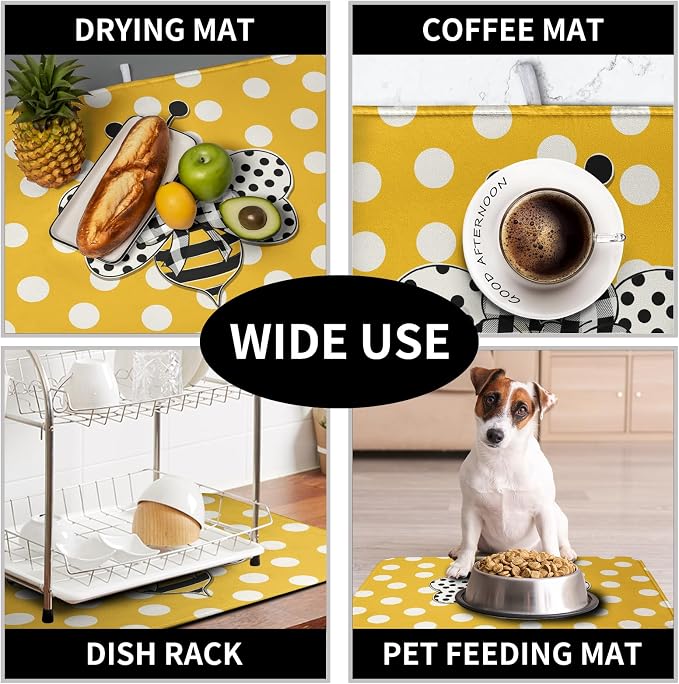 Bee Dish Drying Mat for Kitchen Counter 18x24 Inch Yellow Bumblebee Polka Dots - Image 7