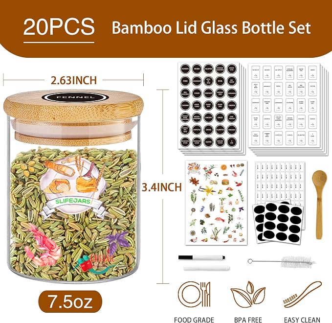 SLifeJars-Spice Jars with Label, 7.5 oz 20pcs Spice Containers Glass Jars with - Image 2