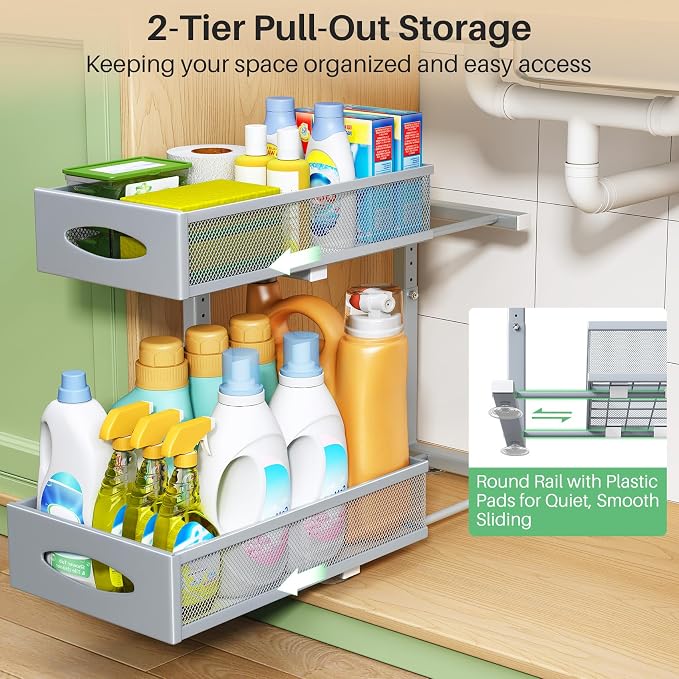 2 Pack Under Sink Organizer, 2 Tier Pull out Cabinet Organizer Mesh Baskets - Image 3