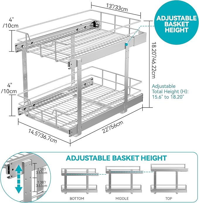 2 Tier Pull Out Cabinet Organizer 14" W X 22" D, Slide Out Drawers - Image 2