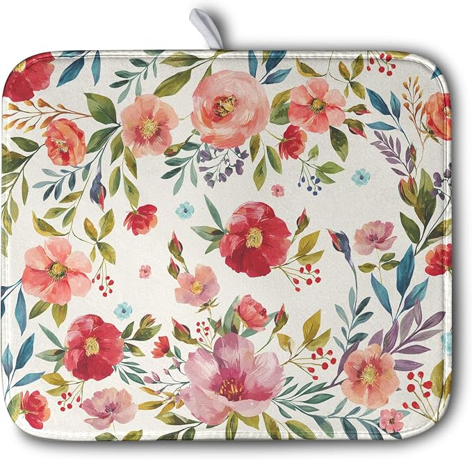 Floral Dish Drying Mat for Kitchen Counter Absorbent Microfiber Dishes Drying by Kwlegh