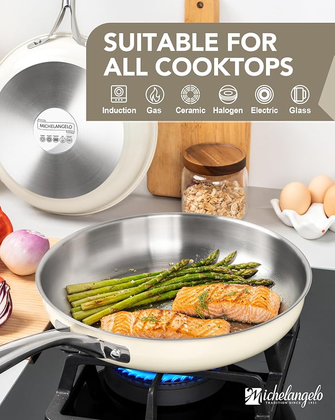 MICHELANGELO Stainless Steel Frying Pan Set, Triply Base Cooking Pans - Image 4