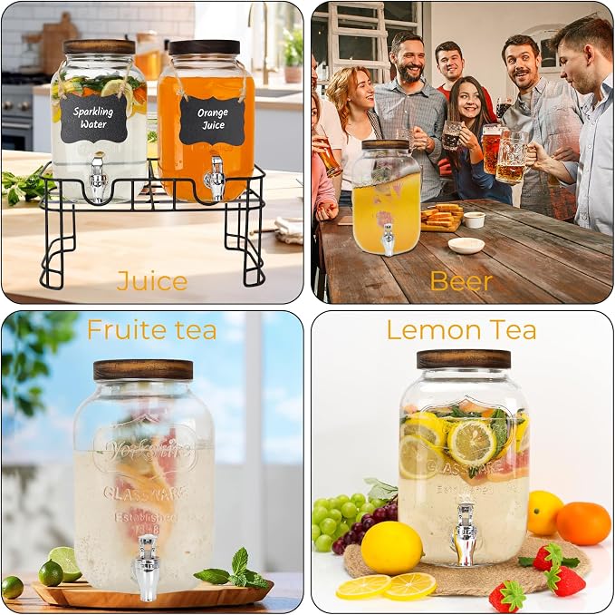 Glass Drink Dispensers For Parties, 2 PACK 1 Gallon Beverage Dispenser - Image 4