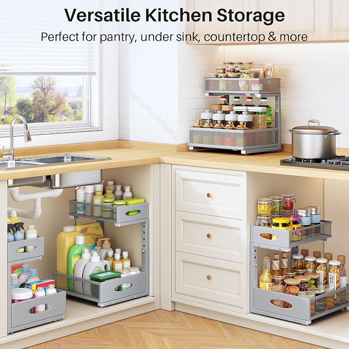 Under Sink Organizer, 2 Pack 2 Tier Pull Out Under Cabinet Organizer Shelf - Image 8