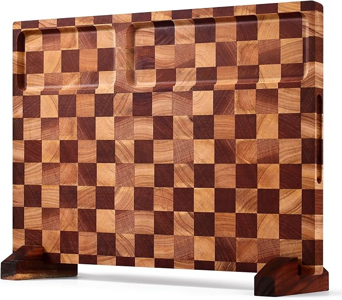 Checkered Cutting Board with Stand, Dual-Sided Wood Cutting Board with Juice by BIEOFFEI
