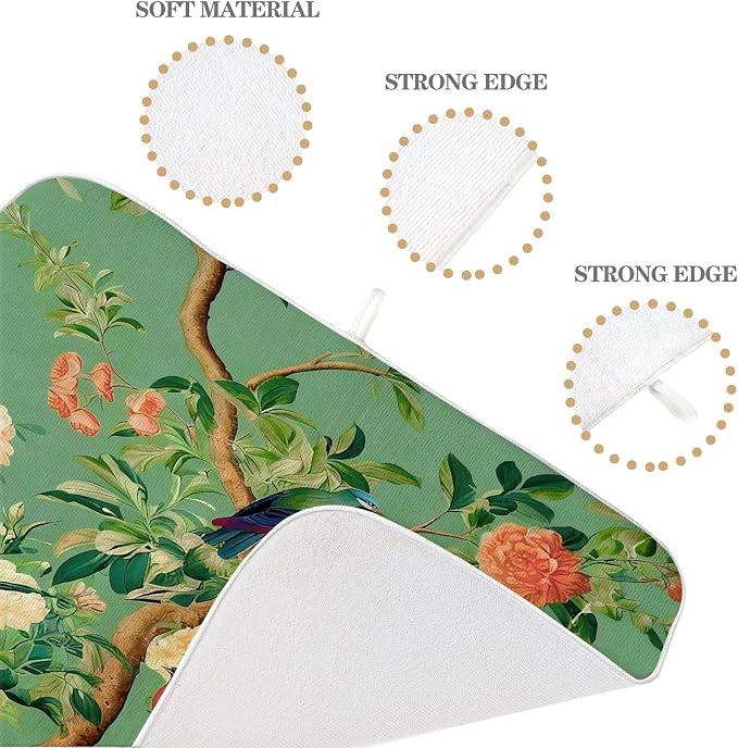 Chinoiserie Dish Drying Mat 18 x 24 Inch Vintage Green Bird Floral Drying Mat - Image 7
