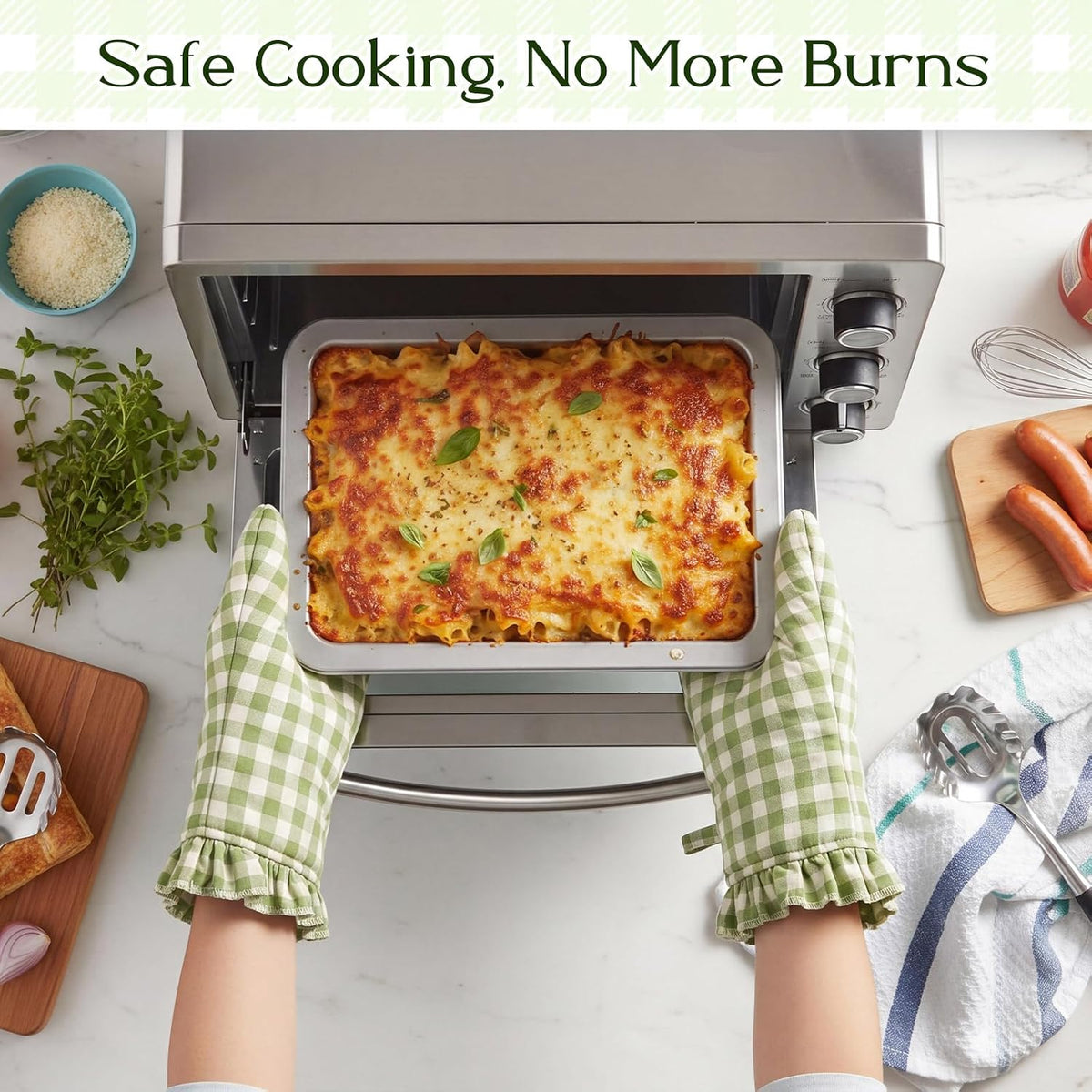Twistover Ruffle Gingham Oven Mitts 2-Pack Set, Green, 7"x13"