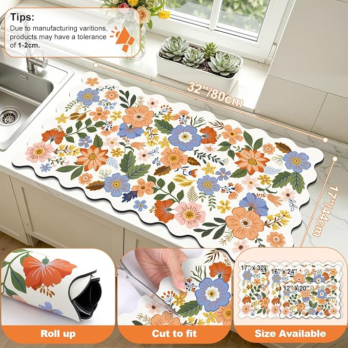 LOKHOM Scalloped Floral Dish Drying Mat, Cuttable Hide Stain Non-slip Drying Mat - Image 2