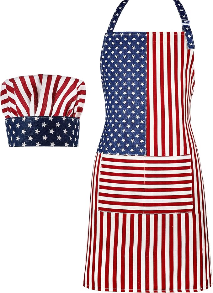SATINIOR USA 4th of July Flag Kitchen Chef Hat Adjustable Apron 250th by SATINIOR