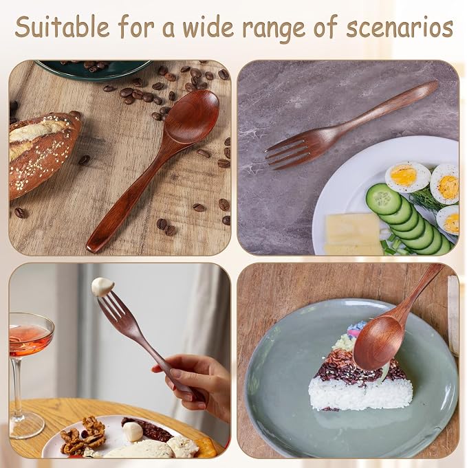 6 Pcs Wooden Utensils for Eating, Wooden Spoon Fork Cutlery Set Kitchen Wood - Image 7